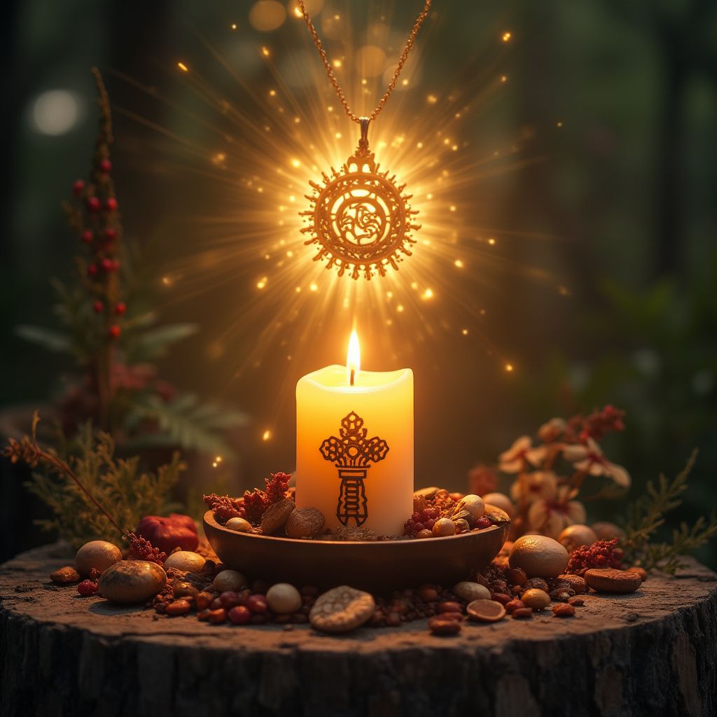 Altar con talismán de protección espiritual, rodeado de símbolos indígenas y cristianos. ritualesymagia.com
