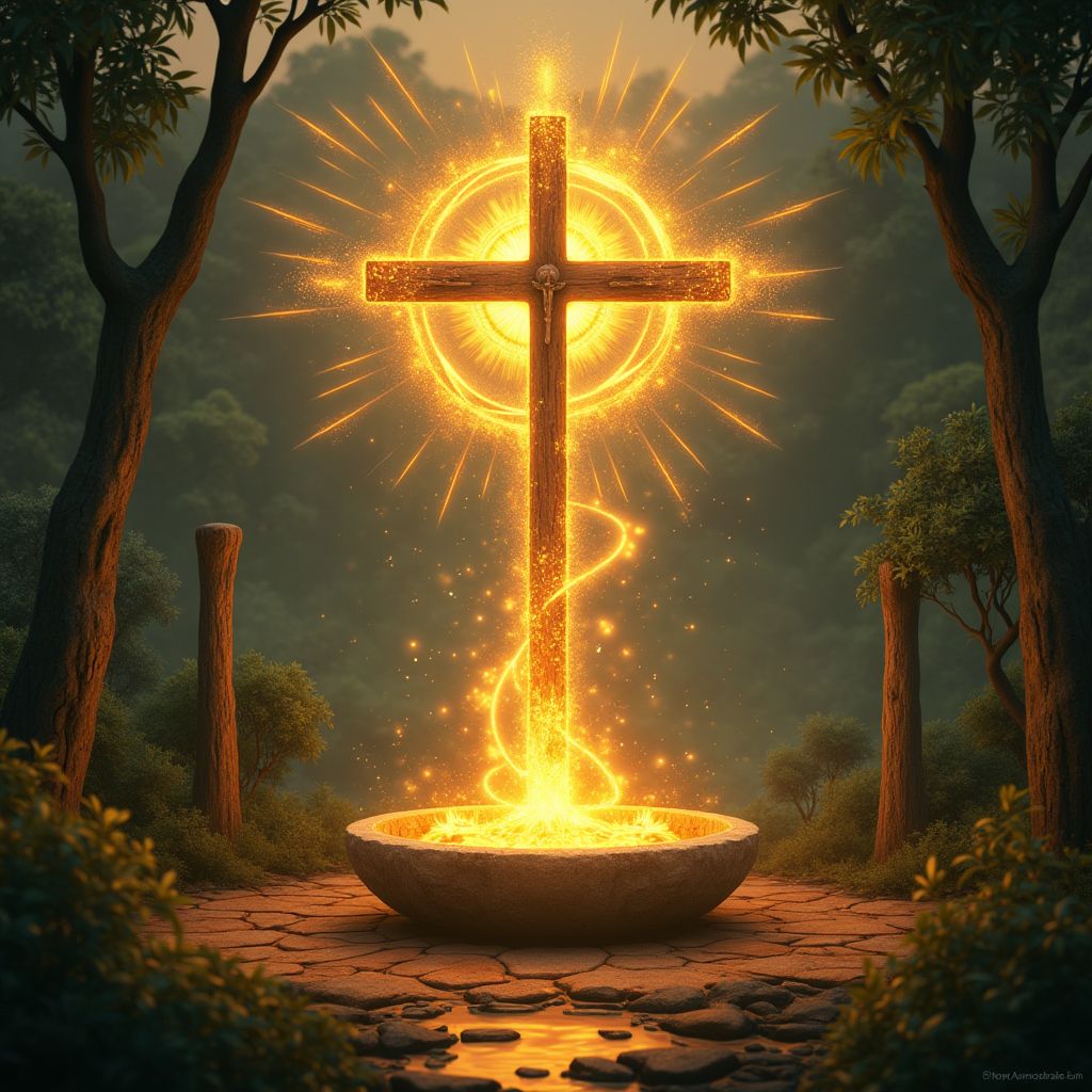 Altar espiritual con símbolos indígenas y cristianos, rodeado de luz y energía protectora. ritualesymagia.com