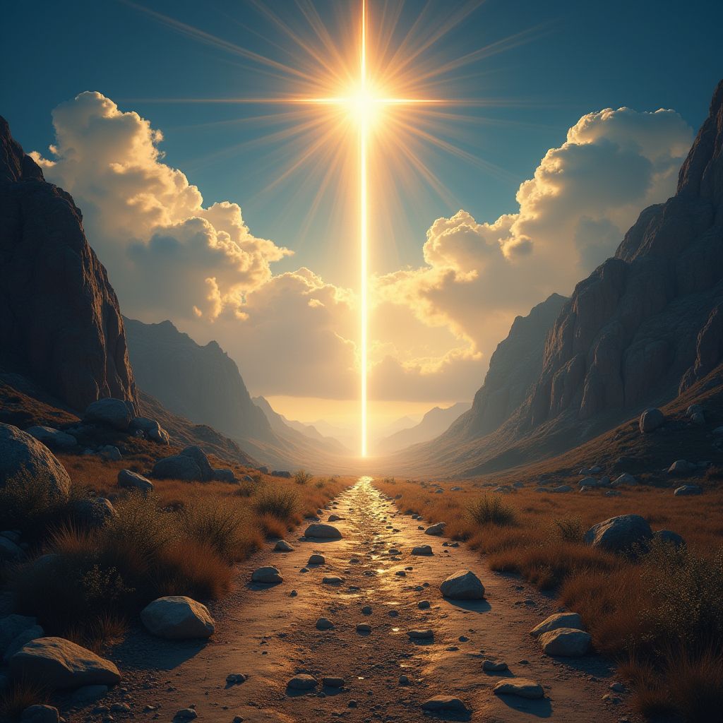Camino despejado entre montañas con símbolos espirituales indígenas y cristianos. ritualesymagia.com