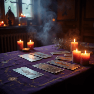 Cartas de tarot con esotéricos amuleto energizado en el centro - ritualesymagia.com