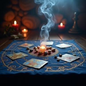 Cartas de tarot y runas con símbolos esotéricos, amuleto energizado en el centro – ritualesymagia.com