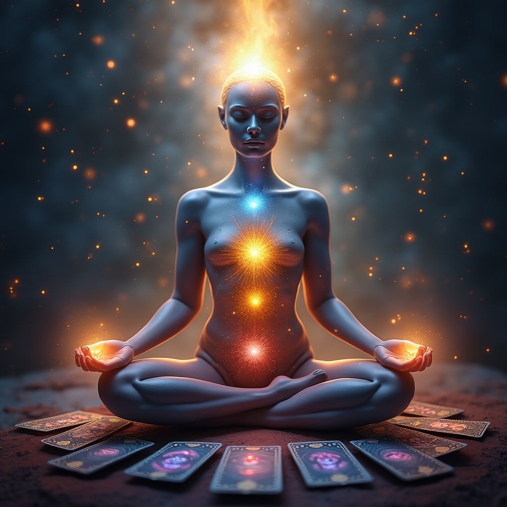 Estatua con cartas de tarot y chakras alineados, representando la lectura energética. ritualesymagia.com