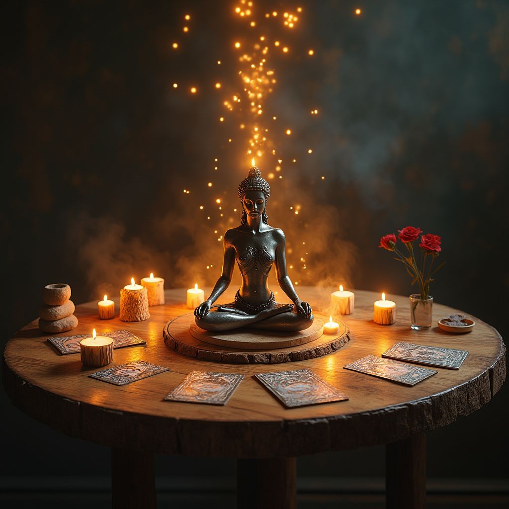 Estatua en meditación rodeada de símbolos de mantras, chakras y elementos naturales, representando la sabiduría védica de Aditi Laghima