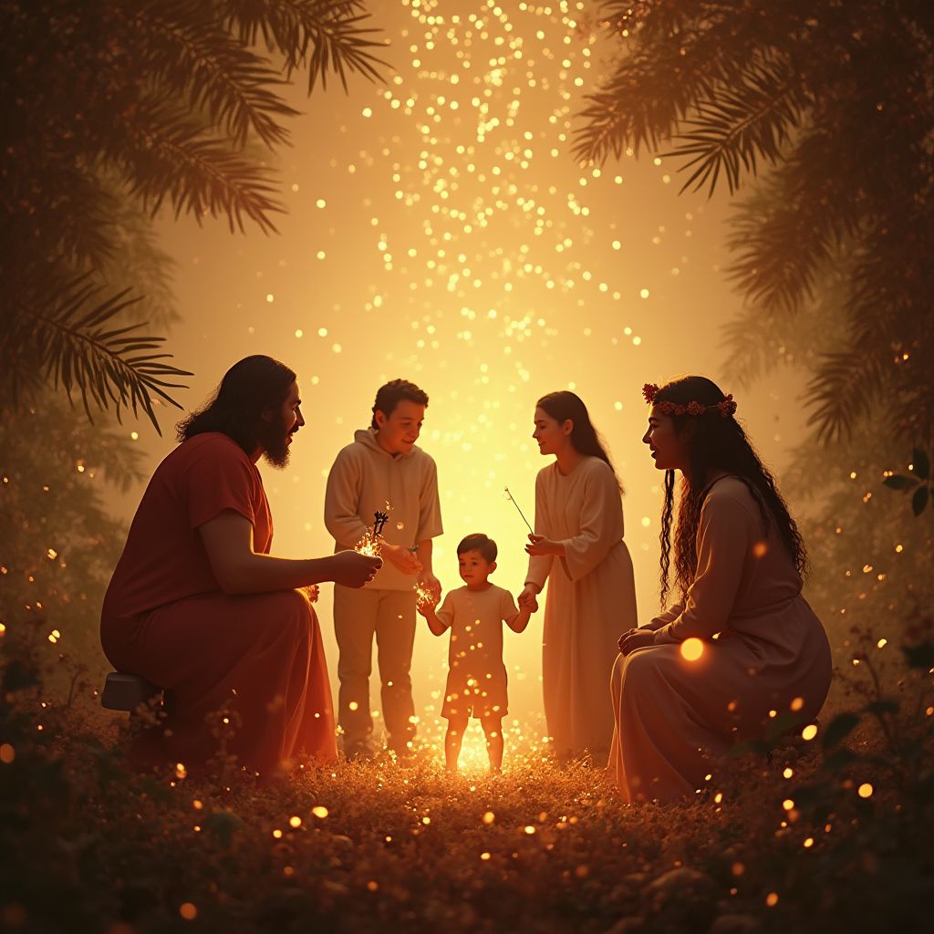 Familia unida rodeada de símbolos de paz y armonía espiritual, con elementos indígenas y cristianos. ritualesymagia.com