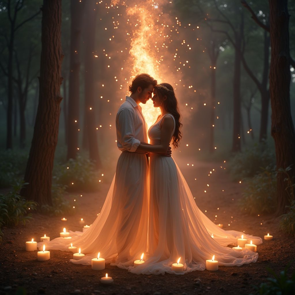 Figuras de luz entrelazadas, rodeadas de símbolos eslavos de amor y unión. ritualesymagia.com
