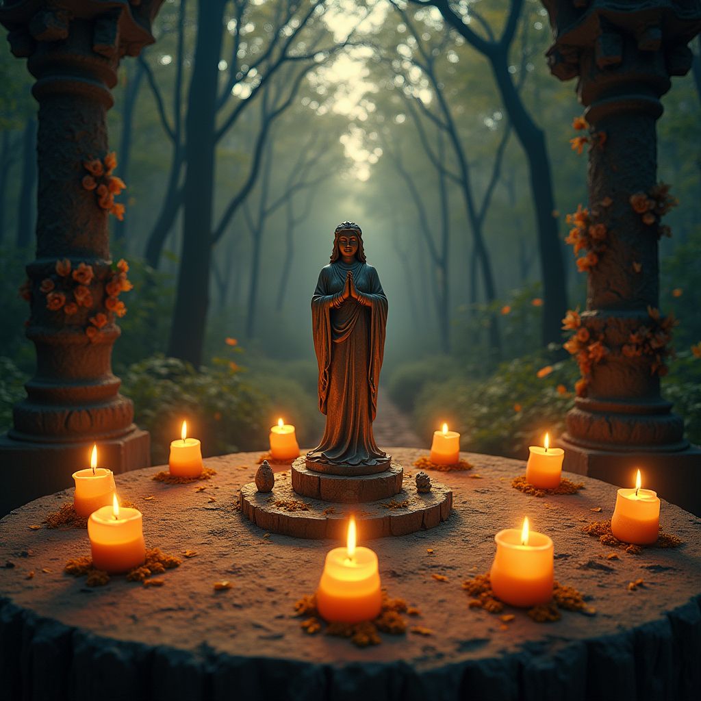 ivor vladislav - Altar eslavo con estatua central y caminos de luz conectando símbolos de protección, purificación, amor y transformación. ritualesymagia.com
