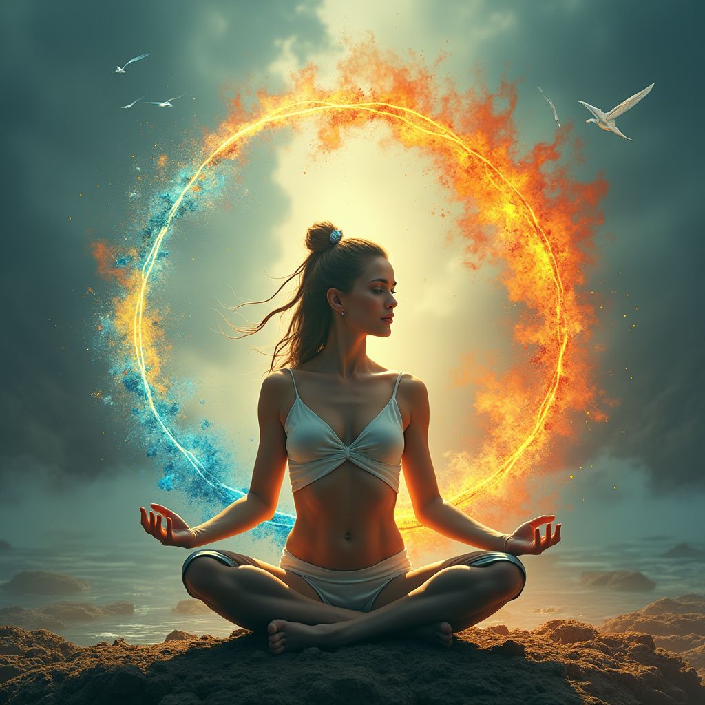 Mujer en meditación rodeada por símbolos de los cuatro elementos: tierra, agua, fuego y aire, representando el equilibrio energético elemental - ritualesymagia.com