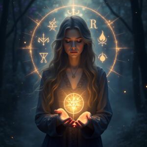 Mujer mística con talismán de protección y símbolos esotéricos – ritualesymagia.com