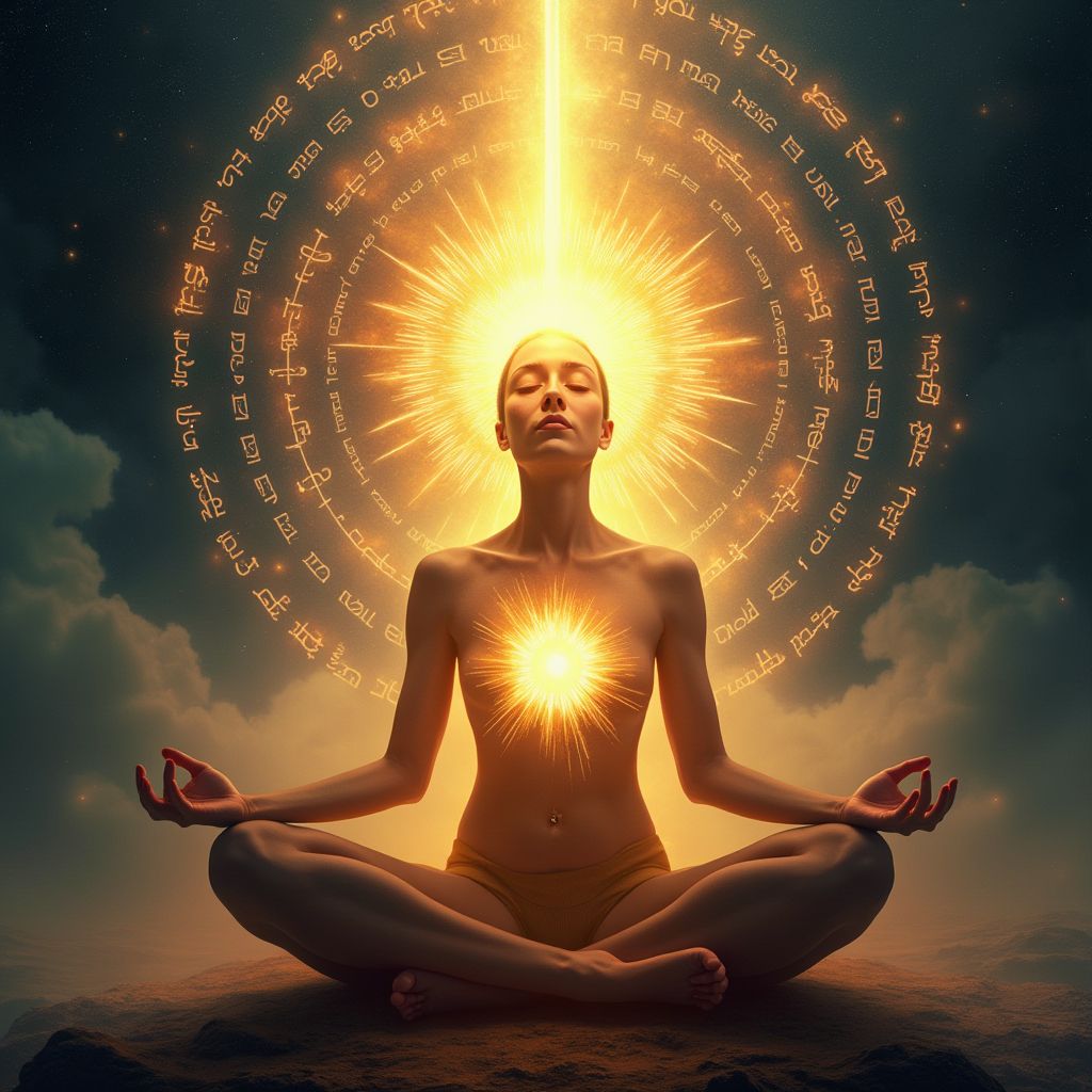 Mujer rodeada de símbolos de mantras y energía luminosa, representando transformación personal. ritualesymagia.com