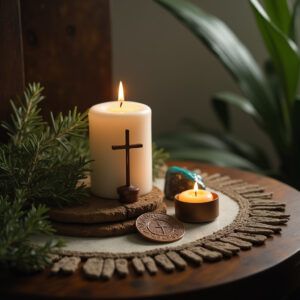 Altar espiritual con oraciones escritas, símbolos cristianos e indígenas, vela y hierbas sagradas, en un ambiente de paz y protección – ritualesymagia.com