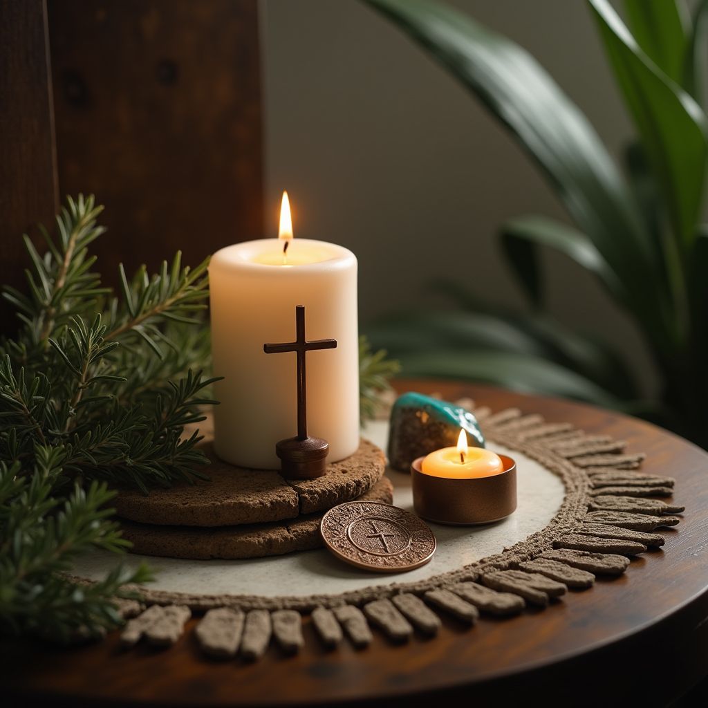 Altar espiritual con oraciones escritas, símbolos cristianos e indígenas, vela y hierbas sagradas, en un ambiente de paz y protección – ritualesymagia.com
